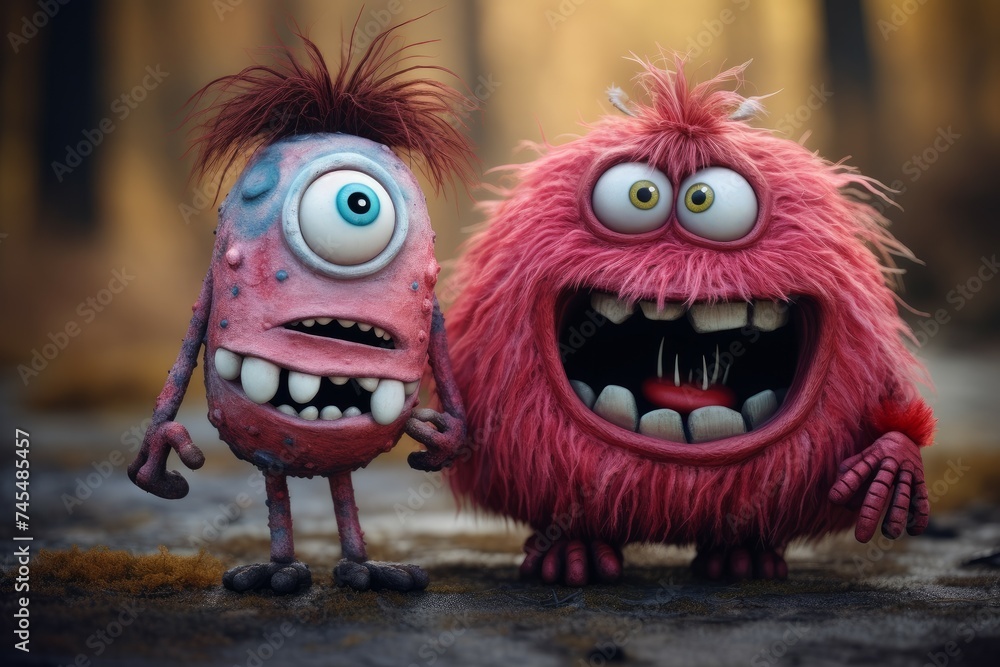 Obraz premium Monsters cute funny friends. Doll color. Generate Ai