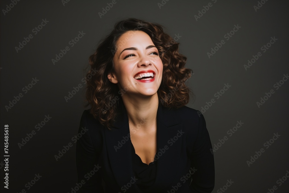 Portrait of a happy young business woman laughing on dark background.