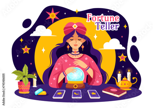 Fortune Teller Vector Illustration with Crystal Ball, Magic Book or Tarot for Predicts Fate and Telling the Future Concept in Flat Cartoon Background