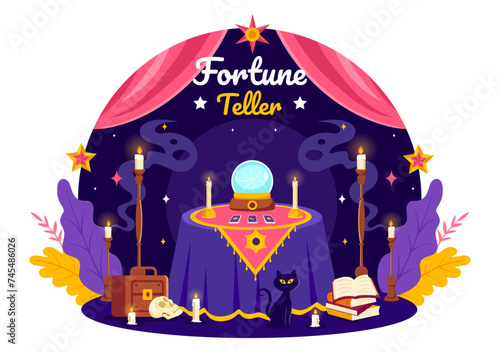 Fortune Teller Vector Illustration with Crystal Ball, Magic Book or Tarot for Predicts Fate and Telling the Future Concept in Flat Cartoon Background