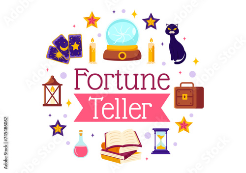 Fortune Teller Vector Illustration with Crystal Ball, Magic Book or Tarot for Predicts Fate and Telling the Future Concept in Flat Cartoon Background