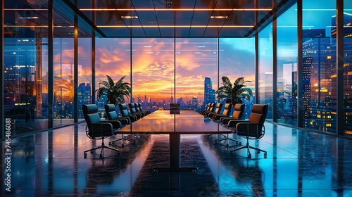 a building with meeting rooms with a luxurious and modern design, with evening sunlight