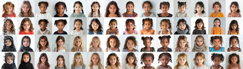 composite portrait of little girls of different cultures headshots on white background, including all ethnic, racial, and geographic types of male children in the world © Adriana