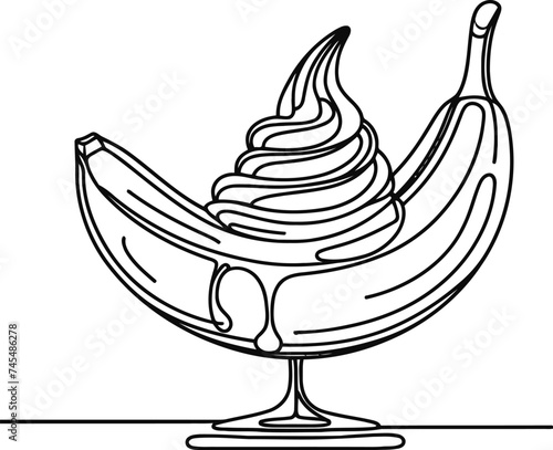 banana split ice cream in continuous line drawing minimalist style, food illustration.