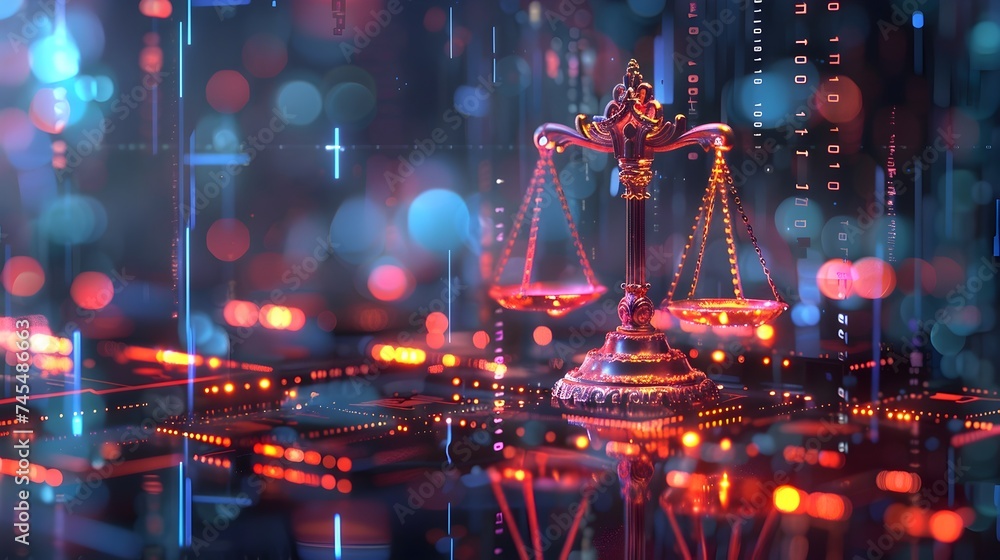 Scales of Justice in a Futuristic Holographic Screen Display