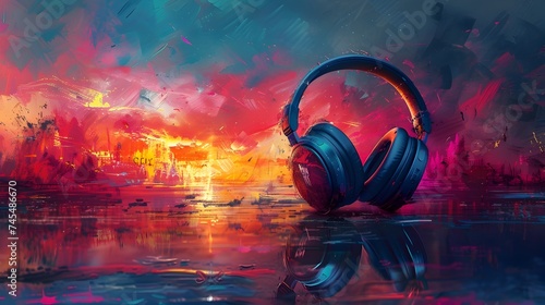 Vibrant Painting of Headphones on a Pond with Bright Colors