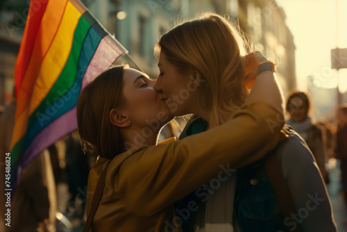 Couple of women kissing with rainbow flag at outdoor meeting. LGBT event