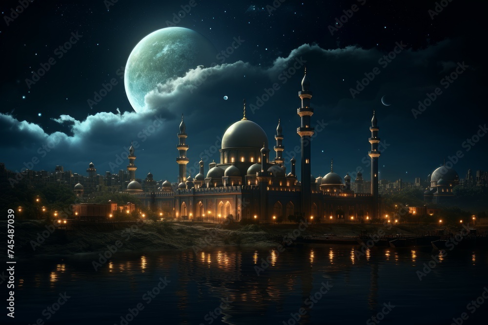 Tranquil Mosque evening sky moon. Light ramadan. Generate Ai