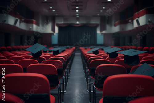 Graduation Caps Laid on Red Theater Chairs