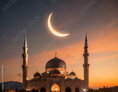 A mosque with a crescent moon and stars in the night sky