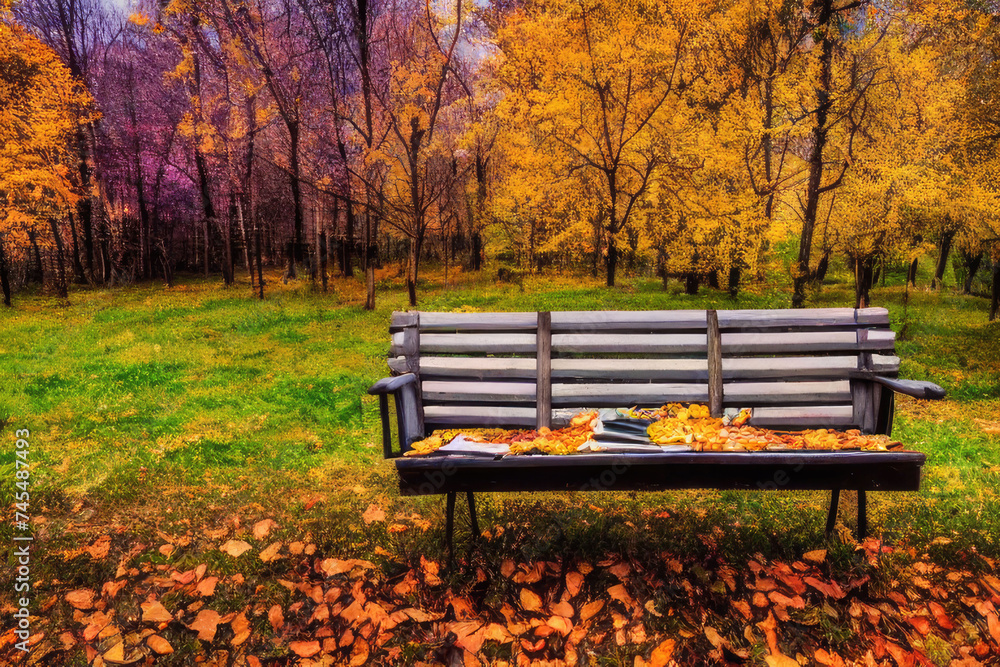 autumn brench park and leaf Bench in the park