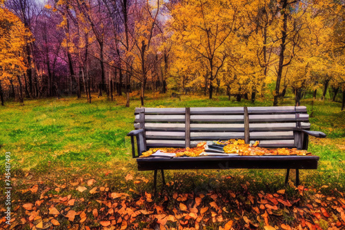 autumn brench park and leaf Bench in the park photo