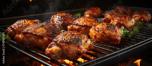 Grilled chicken legs on a barbecue grill, close-up view