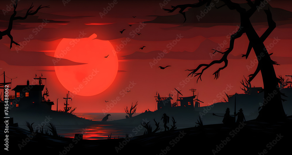 a silhouetted illustration of the setting sun with people
