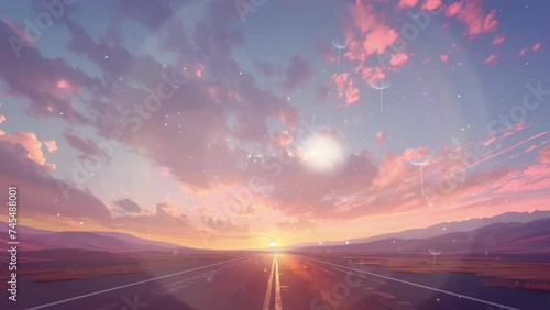 asphalt highway and beautiful clouds landscape at sunset.seamless looping overlay 4k virtual video animation background  photo