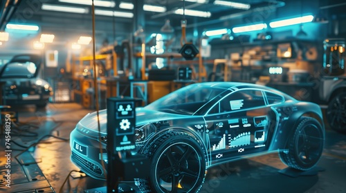 EV electric vehicle technology industry concept, futuristic virtual graphic touch user interface on screen with auto repair garage blurred on background, generative ai
