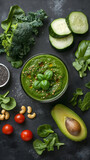 Fresh Green Smoothie Surrounded by Vegetables and Nuts