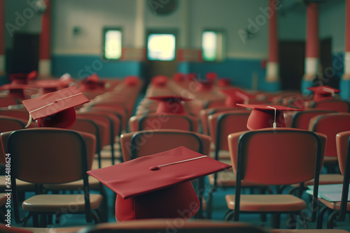 Graduation Caps on Empty Chairs in Auditorium