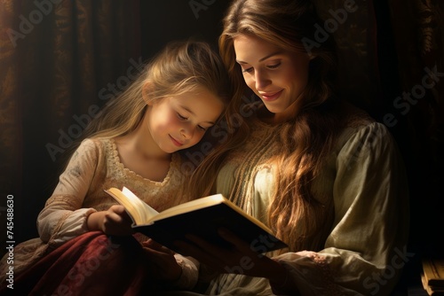 Mother daughter reading. Parent care. Generate Ai