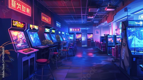 Internet cafe interior with modern computers. Video game tournament, generative ai