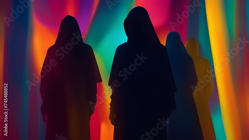 Noir abstract, abstract background, colorful neon, mystic obscurity shadowy figures and mysterious forms in blurred abstraction vivid color vibrant, noir background, colorful, neon, shadows, backgroun