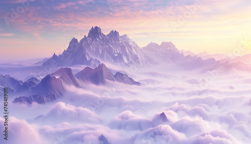 Tall mountains rise above a blanket of clouds under a colorful sunrise sky
