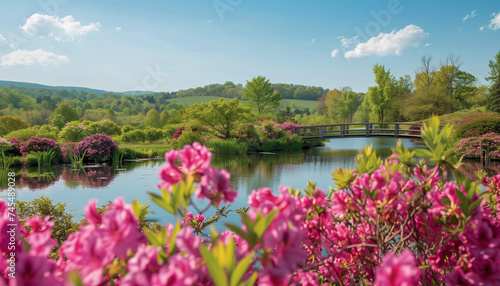 A colorful garden with blooming pink flowers, a calm pond, and a bridge in a sunny, serene setting