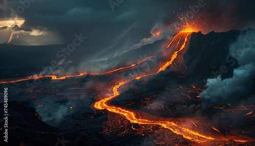 A volcano violently erupts at night, sending rivers of lava down its slopes under a dark, clouded sky