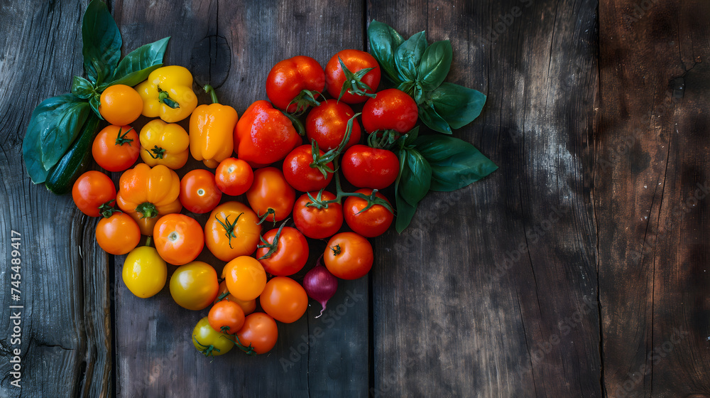 Assorted Fresh Tomatoes and Basil on Rustic Wooden Surface Assorted Fresh Tomatoes and Basil on Rustic Wooden Surface