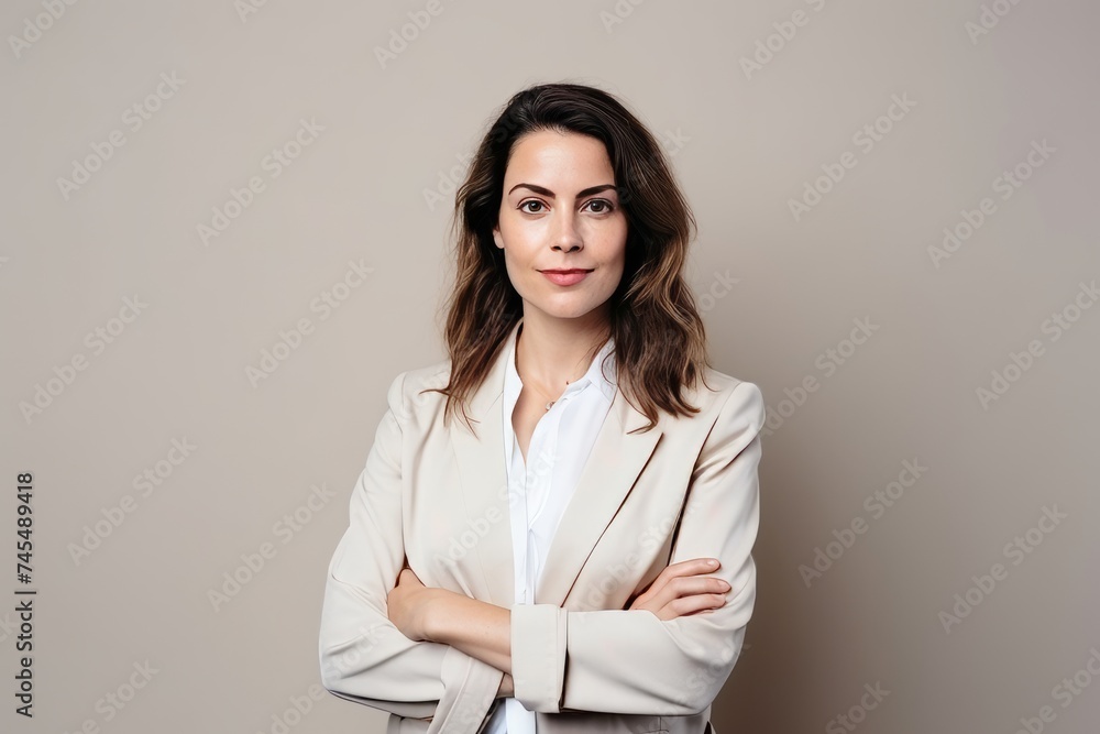 Portrait of a beautiful young business woman in a suit on a gray background Portrait of a beautiful young business woman in a suit on a gray background