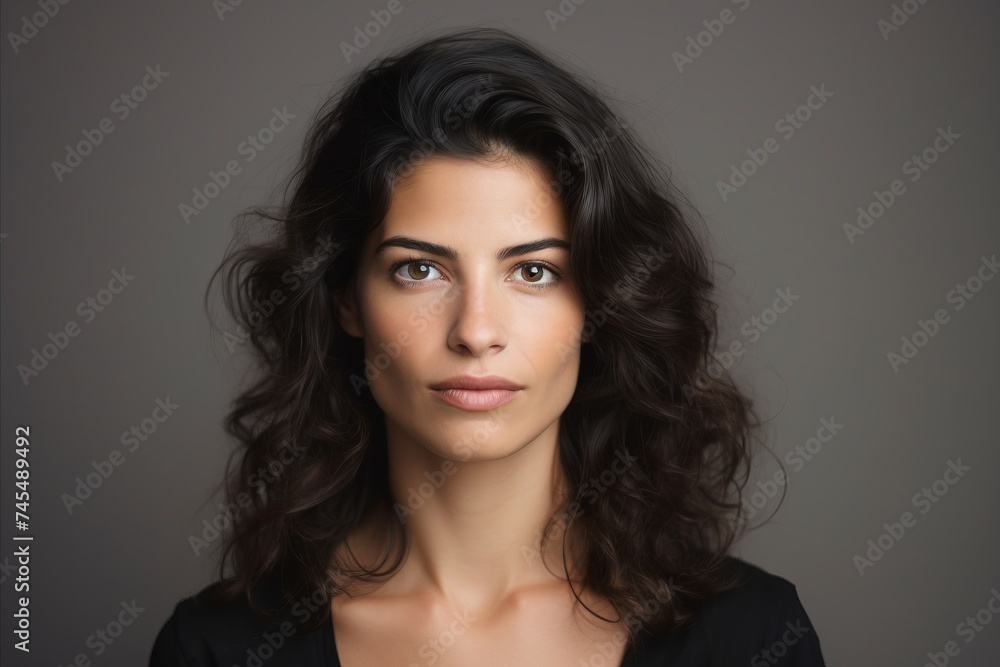 Portrait of a beautiful young woman with long black curly hair. Portrait of a beautiful young woman with long black curly hair.