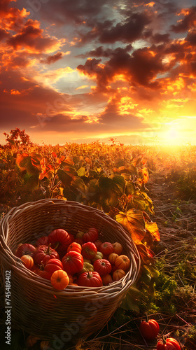 Harvest Sunset over a Pumpkin Basket in the Field