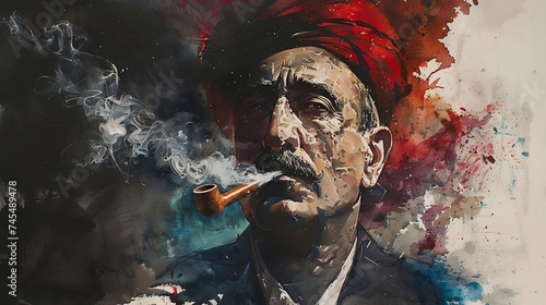Turkish man wearing a red turban smoking a pipe, watercolor illustration, pipe smoking, 