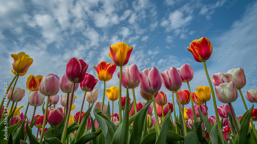 Fototapeta premium Vibrant Tulip Field Against Blue Sky