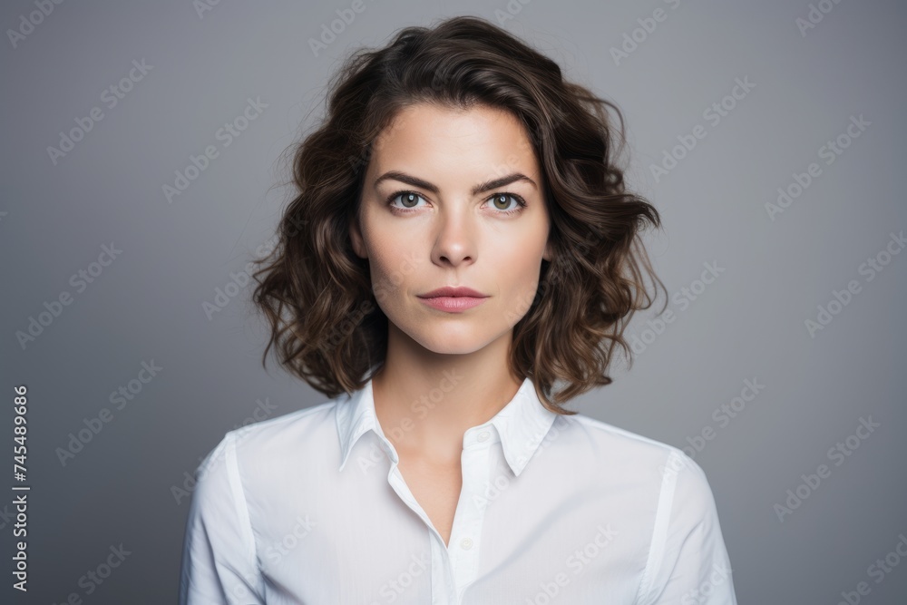 Portrait of beautiful young woman with curly hairstyle, isolated on grey background Portrait of beautiful young woman with curly hairstyle, isolated on grey background