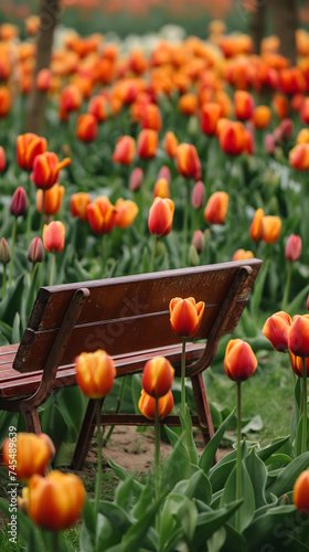 Tranquil Scene with a Wooden Bench Among Blooming Tulips