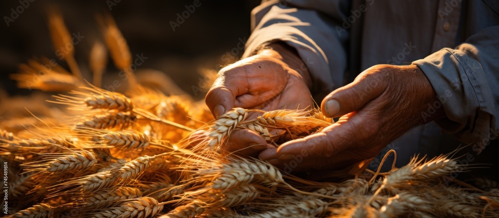 Farmer working in a wheat field. Closeup of male hands touching wheat