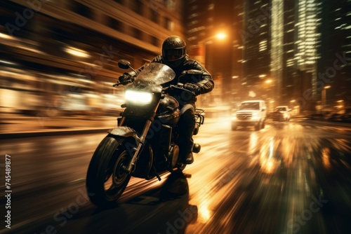 Thunderous Motorcycle speeding city street. Sport travel. Generate Ai