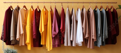 Rack with different stylish clothes hanging on yellow wall, closeup