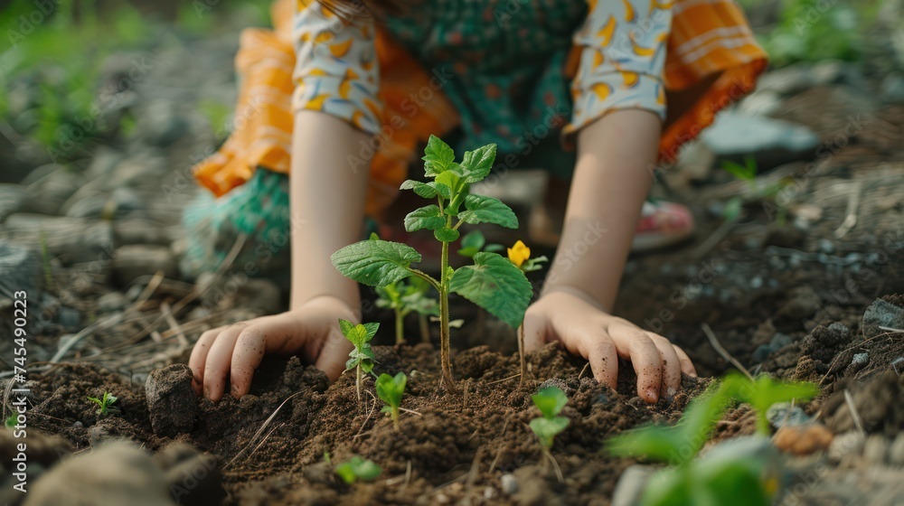 Young girl's hands planting seedlings in waste land, concept seedling of hope Young girl's hands planting seedlings in waste land, concept seedling of hope