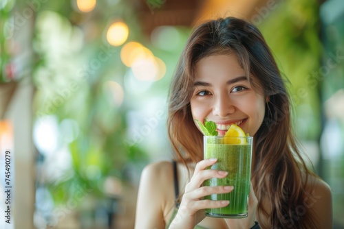 Green detox juice concept, Beautiful smile asian young woman hand holding vegetable smoothie glass for diet at home. Happy girl drinking healthy meal food for weight loss. 