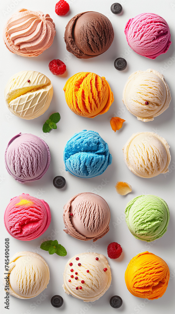 Top view of Ice cream scoop ball. Many assorted different flavour mockup template on white background. Generative AI Top view of Ice cream scoop ball. Many assorted different flavour mockup template on white background. Generative AI