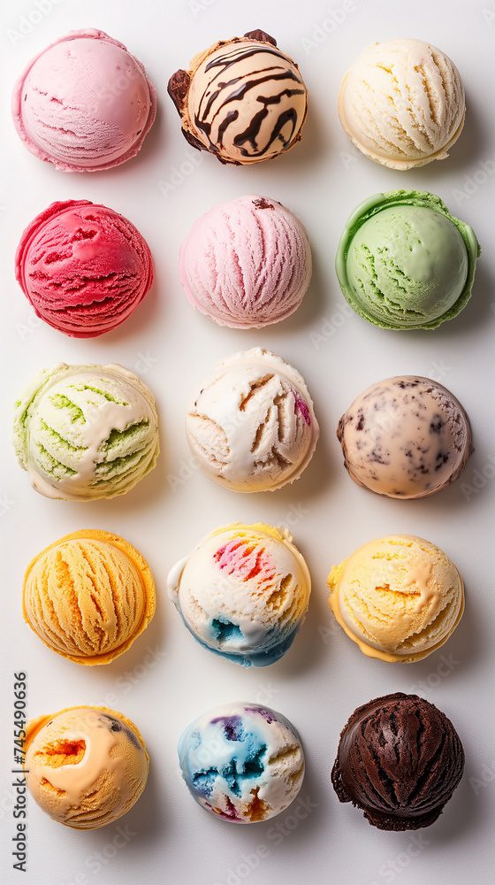 Top view of Ice cream scoop ball. Many assorted different flavour mockup template on white background. Generative AI Top view of Ice cream scoop ball. Many assorted different flavour mockup template on white background. Generative AI
