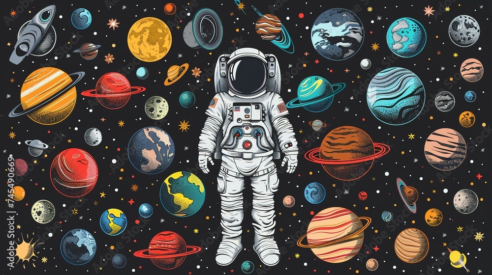 custom made wallpaper toronto digitalBackground design with many planets in space illustration. Space icon set and astronaut