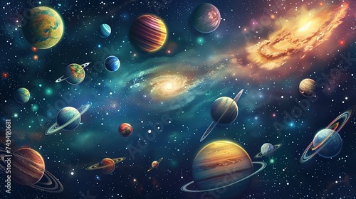 Background design with many planets in space illustration. Space icon set and astronaut