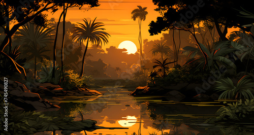 an illustration of a river in the middle of a jungle