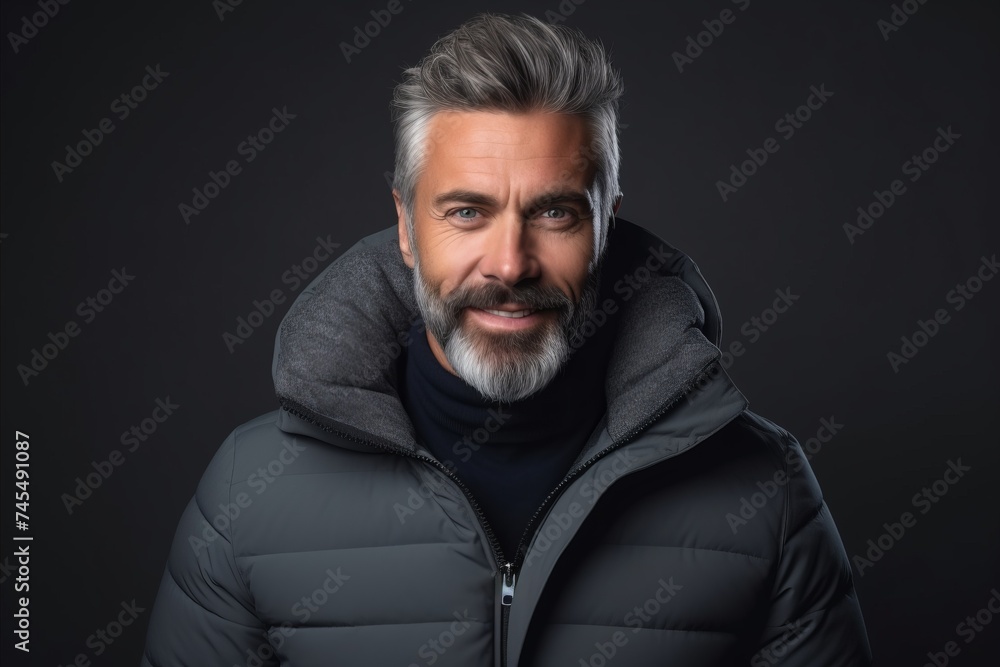 Portrait of a handsome middle-aged man with gray beard and mustache wearing a black down jacket.