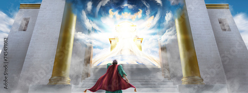prophet man having vision of God in the temple, sitting on a great throne, with angels and a heavenly atmosphere, call of Isaiah photo