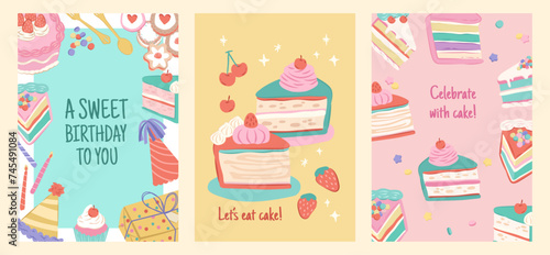 Set of birthday dessert portrait greeting cards for invitation and decoration