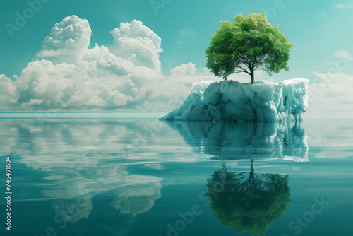 An iceberg floating in water features a green tree, in a futuristic organic style. © Duka Mer